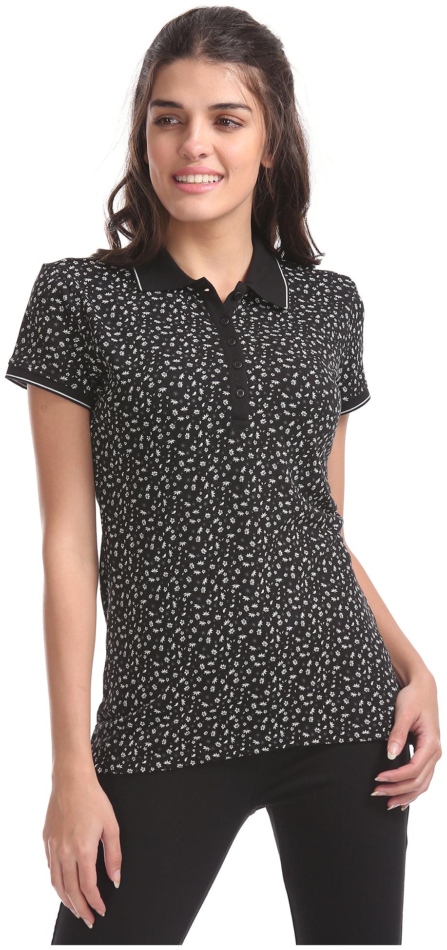 

U S Polo Assn Women Black Regular fit Polo neck Cotton T shirt
