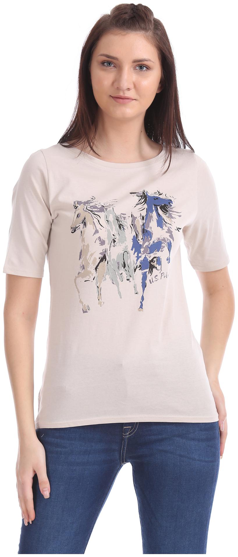 

U S Polo Assn Women Beige Regular fit Round neck Cotton T shirt