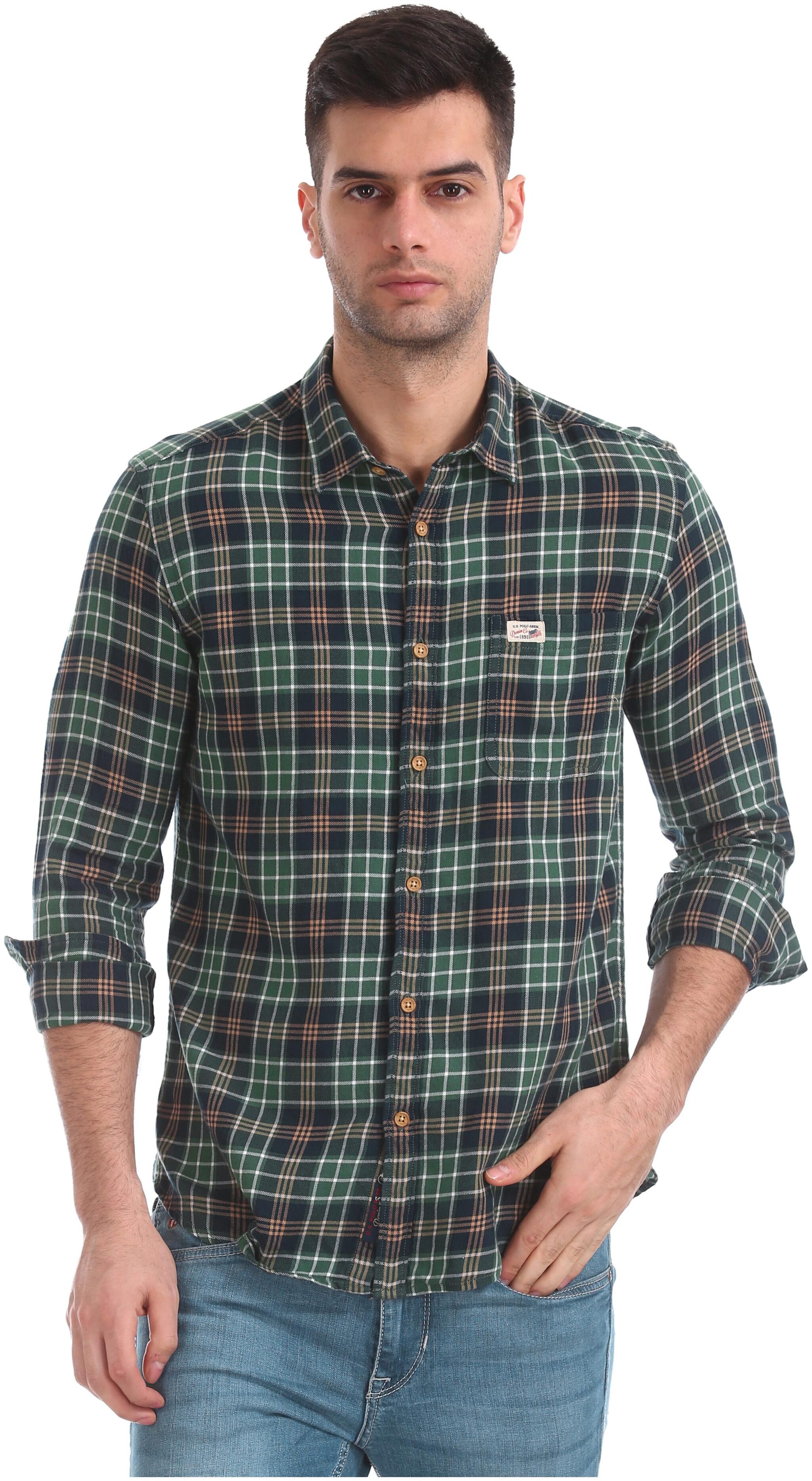 

U S Polo Assn Men Green Checked Slim Fit Casual Shirt