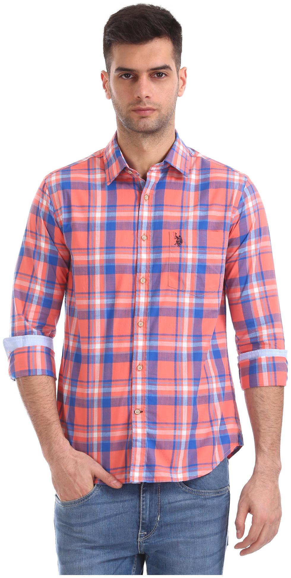 

U S Polo Assn Men Orange Checked Regular Fit Casual Shirt