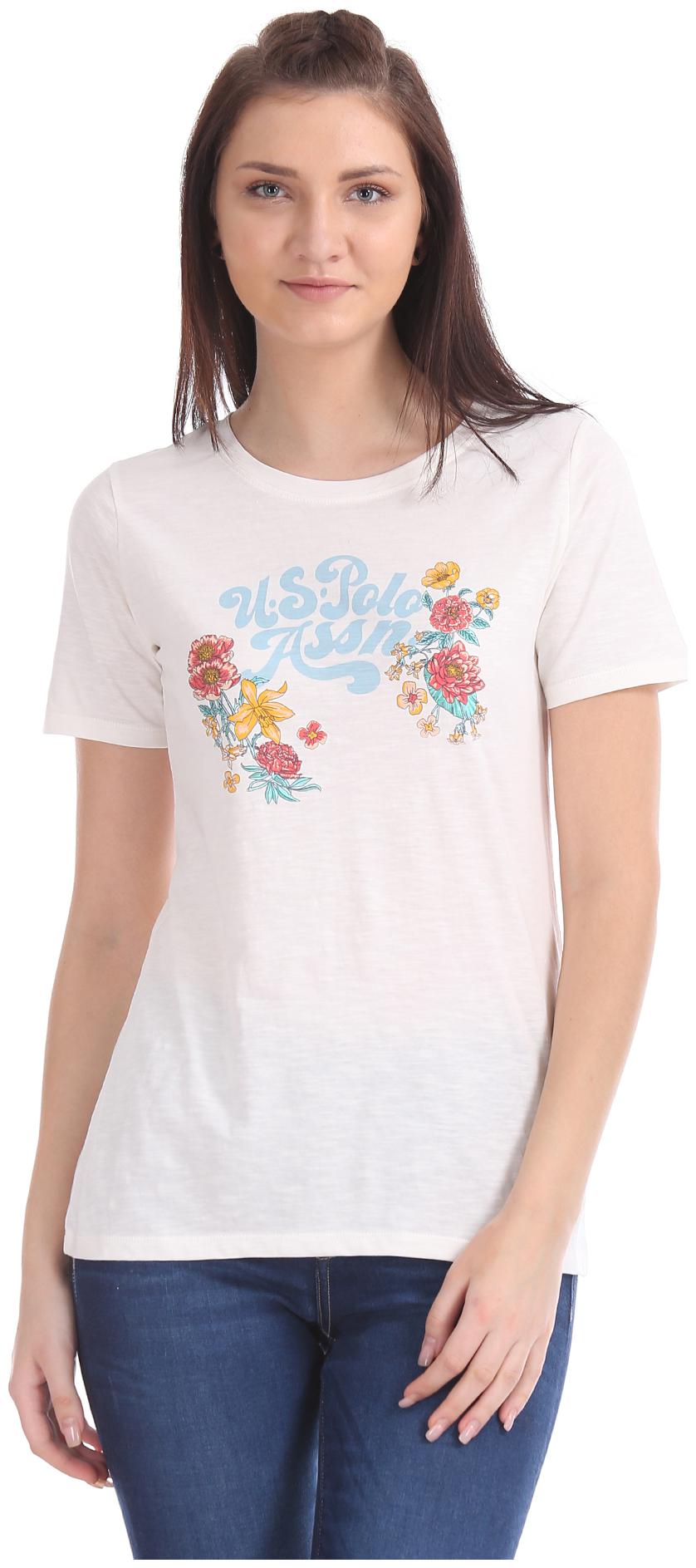 

U S Polo Assn Women White Regular fit Round neck Cotton T shirt