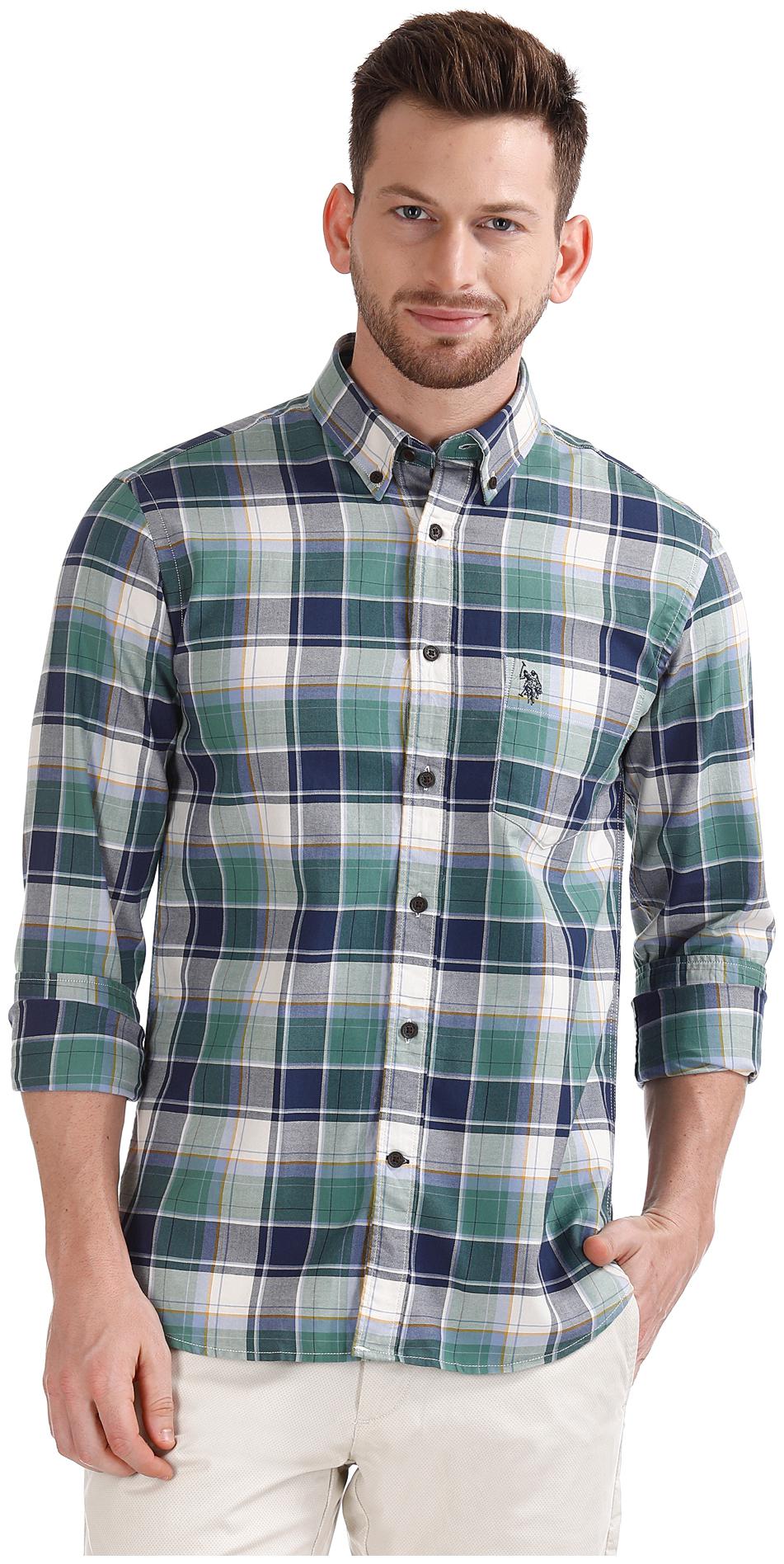 

U S Polo Assn Men Green Checked Regular Fit Casual Shirt