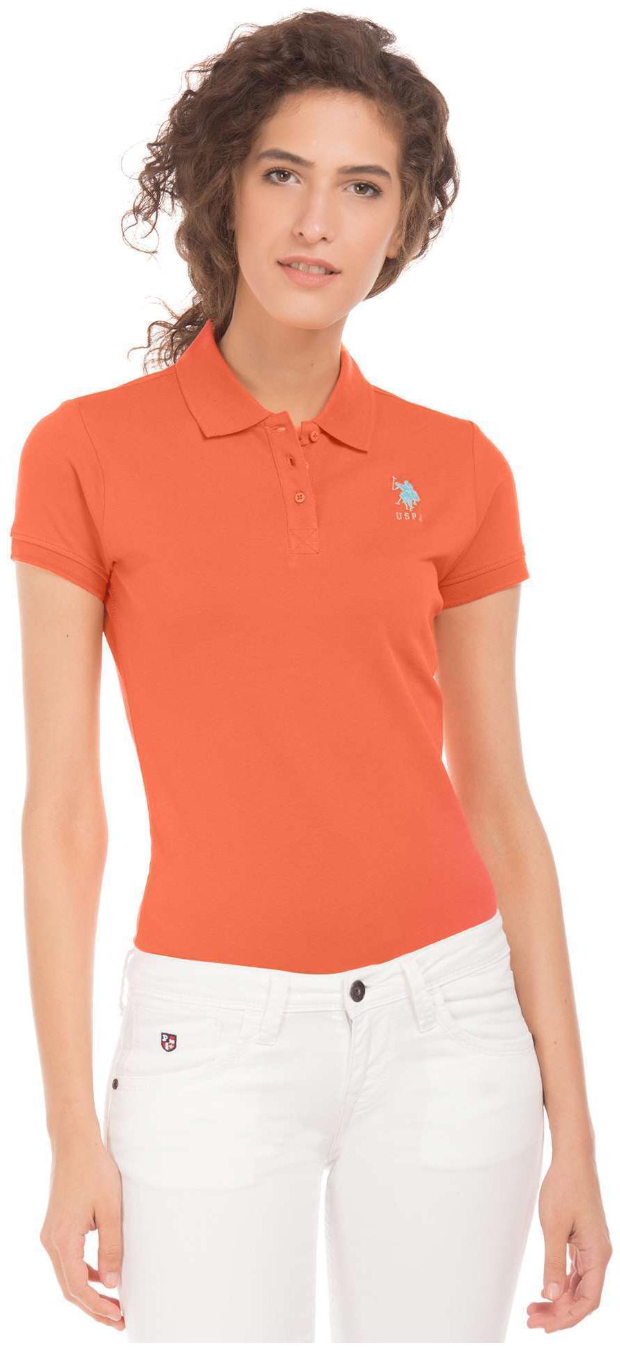 

U S Polo Assn Women Orange Regular fit Polo neck Cotton T shirt