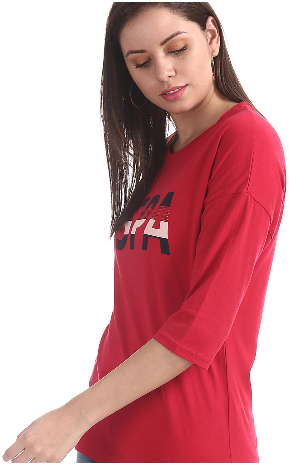 

U S Polo Assn Women Red Regular fit Round neck Cotton T shirt