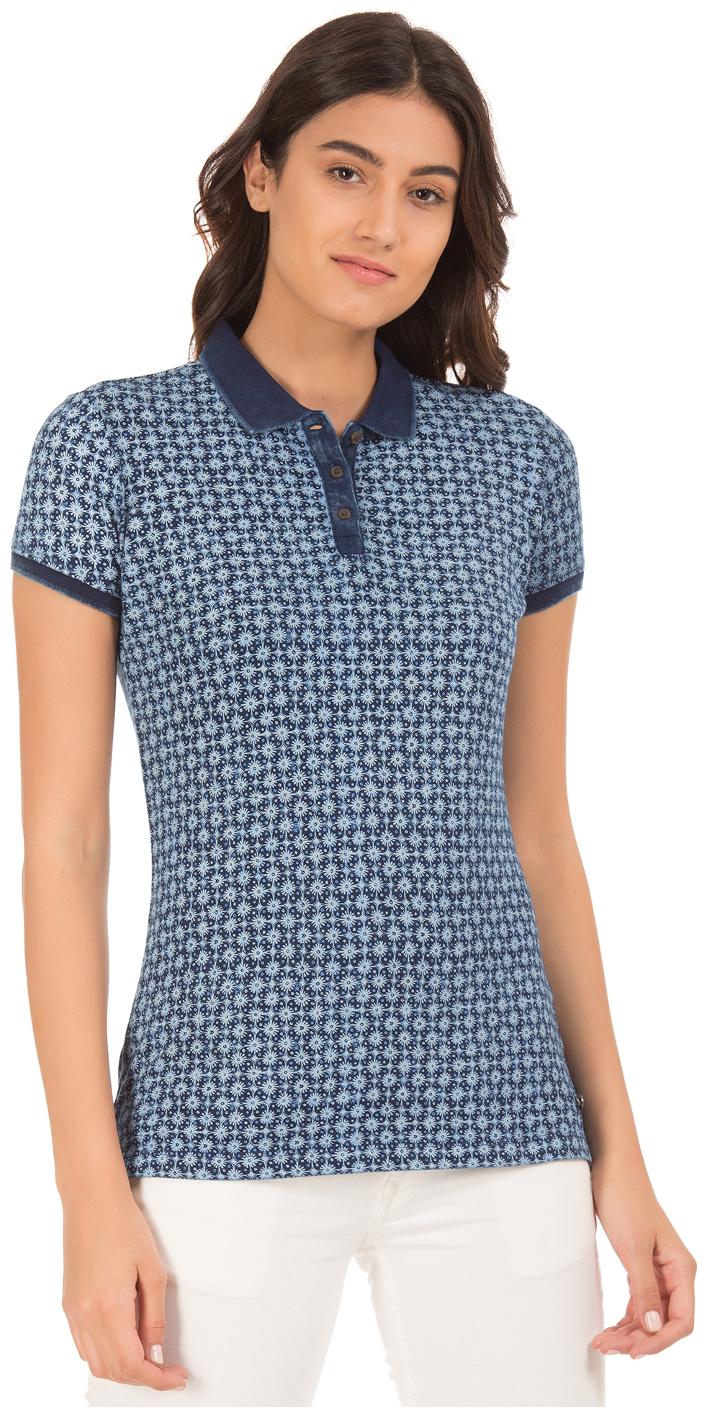 

U S Polo Assn Women Blue Regular fit Mandarin collar Cotton T shirt