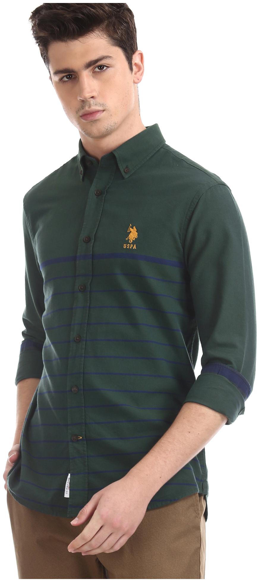 

U S Polo Assn Men Green Vertical Stripes Regular Fit Casual Shirt