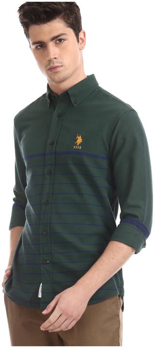 U.S. Polo Assn. Men Green Vertical Stripes Regular Fit Casual Shirt