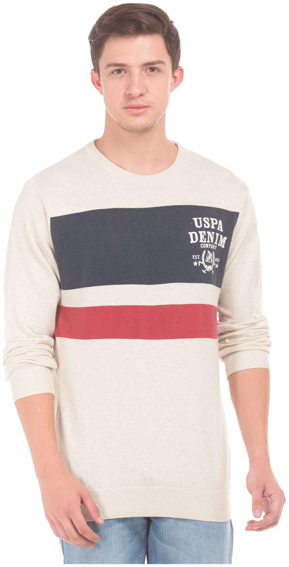 

U S Polo Assn Denim Co White Cotton Striped Round Neck Sweater