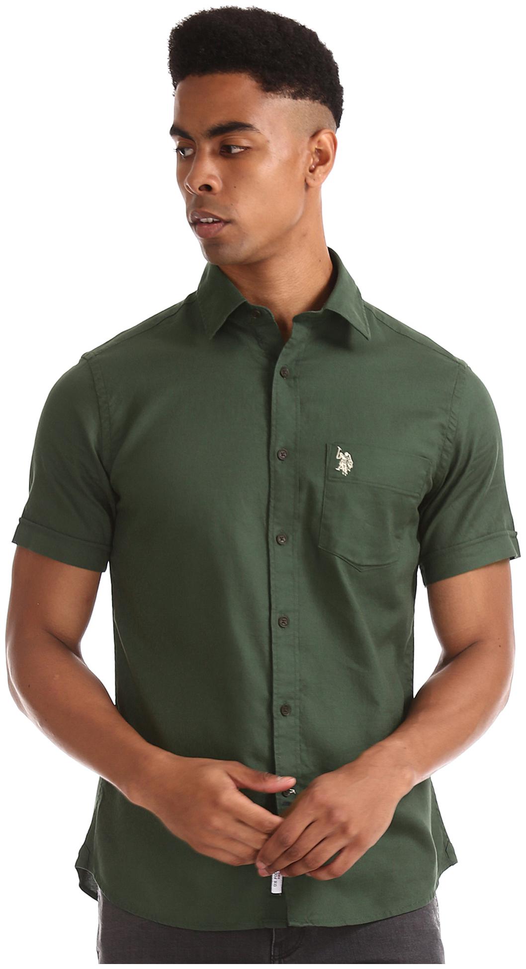 

U S Polo Assn Men Green Weaved Regular Fit Casual Shirt