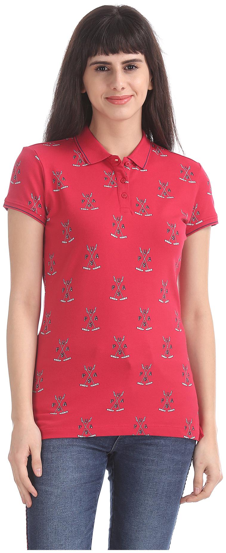 

U S Polo Assn Women Red Regular fit Polo neck Cotton T shirt