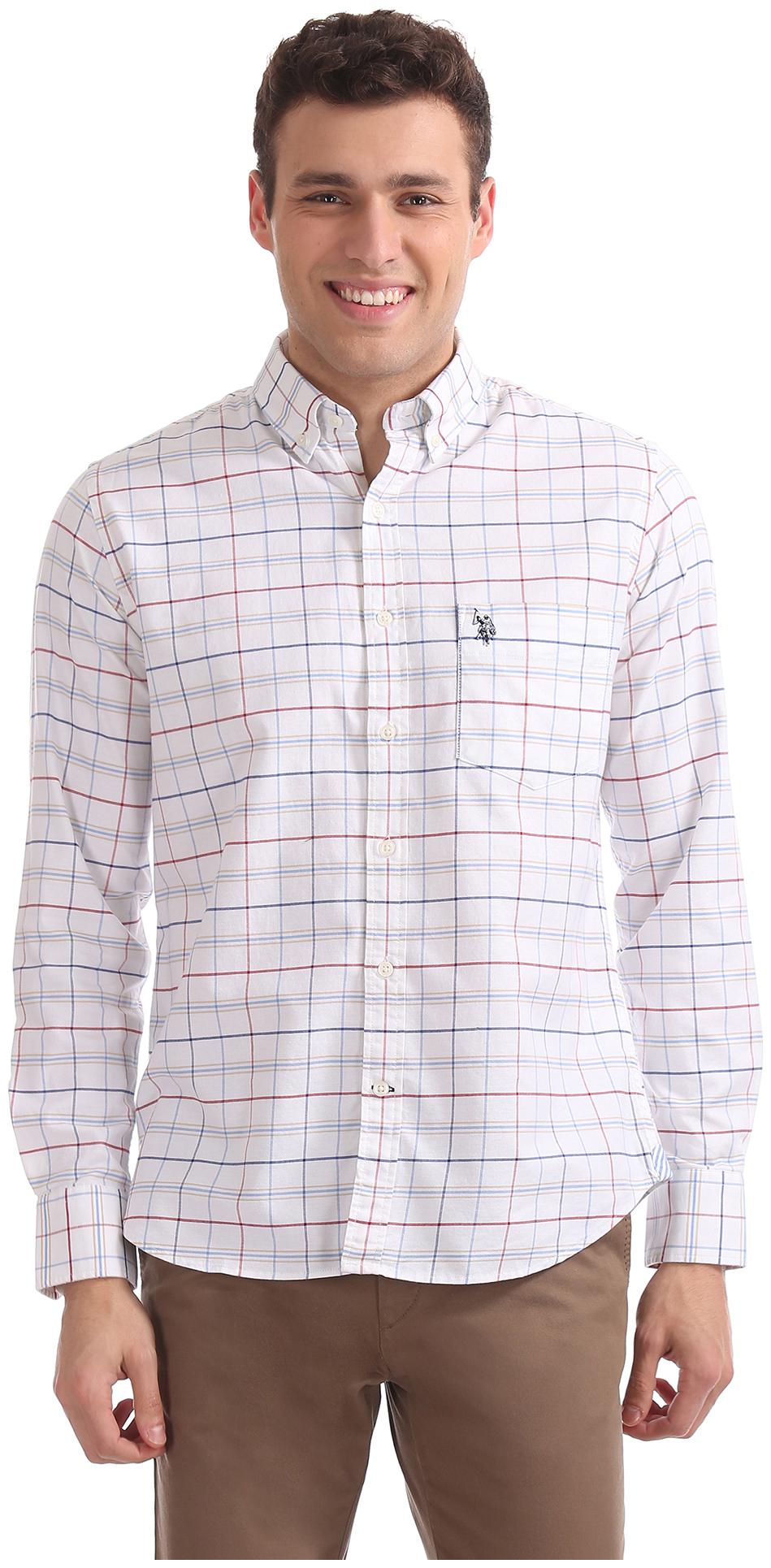 

U S Polo Assn Men White Checked Regular Fit Casual Shirt