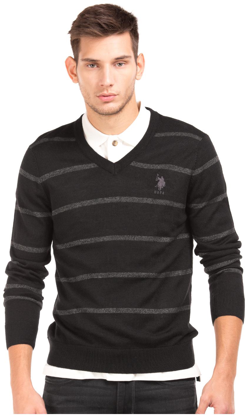 

U S Polo Assn Black Wool V-Neck Striped Sweater