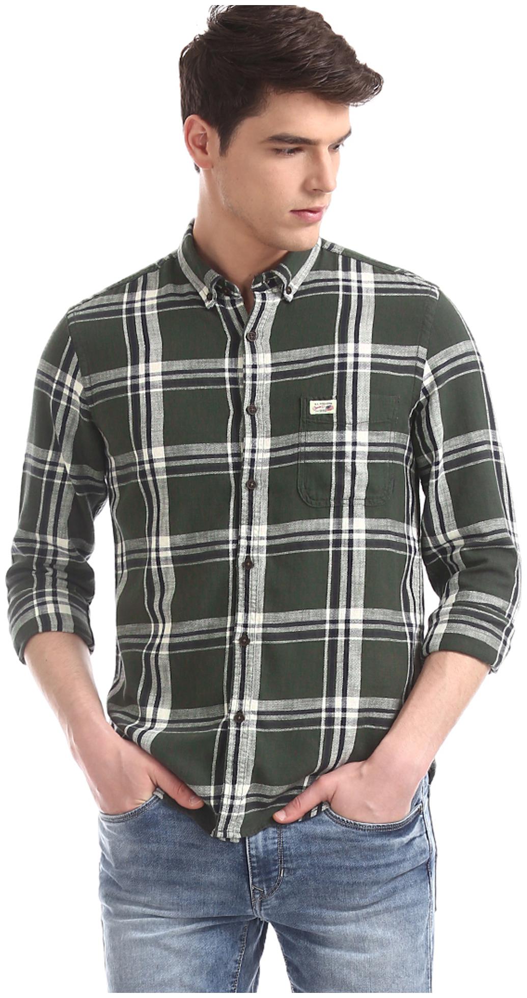

U S Polo Assn Men Green Checked Slim Fit Casual Shirt