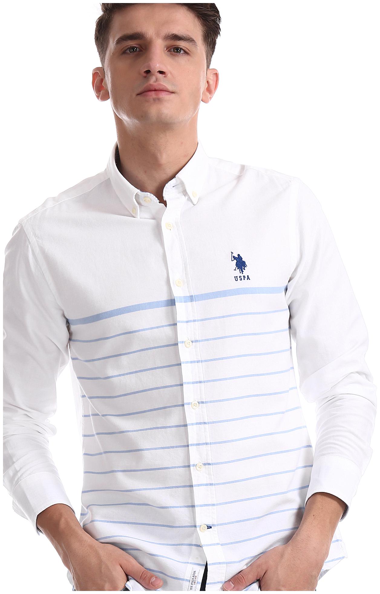

U S Polo Assn Men White Horizontal Stripes Regular Fit Casual Shirt