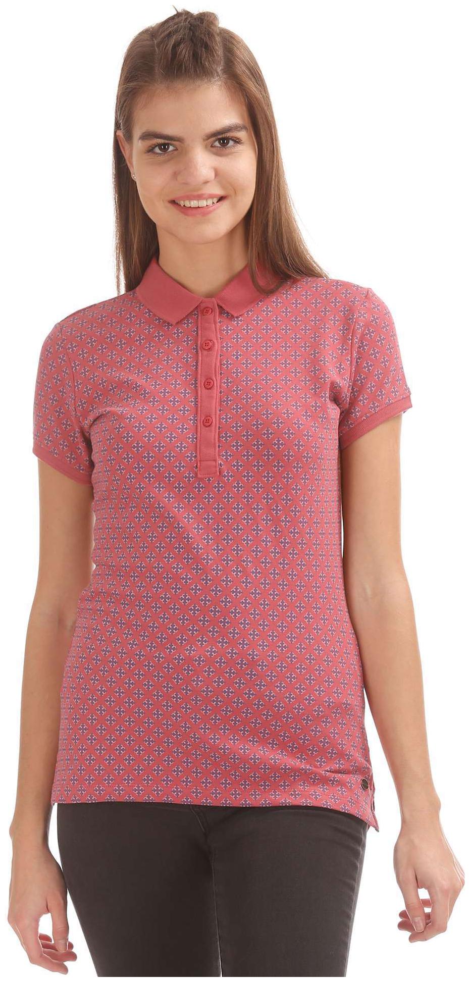 

U S Polo Assn Women Pink Regular fit Polo neck Cotton T shirt