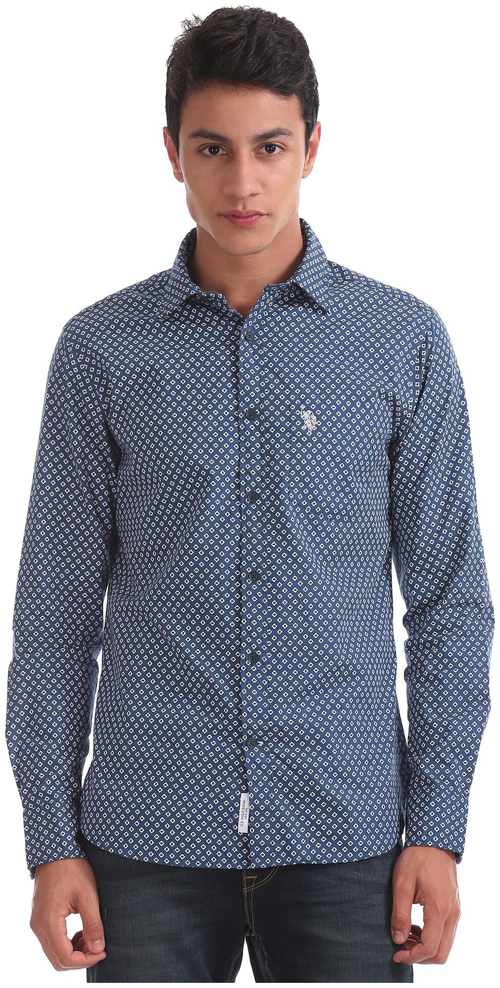 

U S Polo Assn Men Blue Polka Dots Regular Fit Casual Shirt