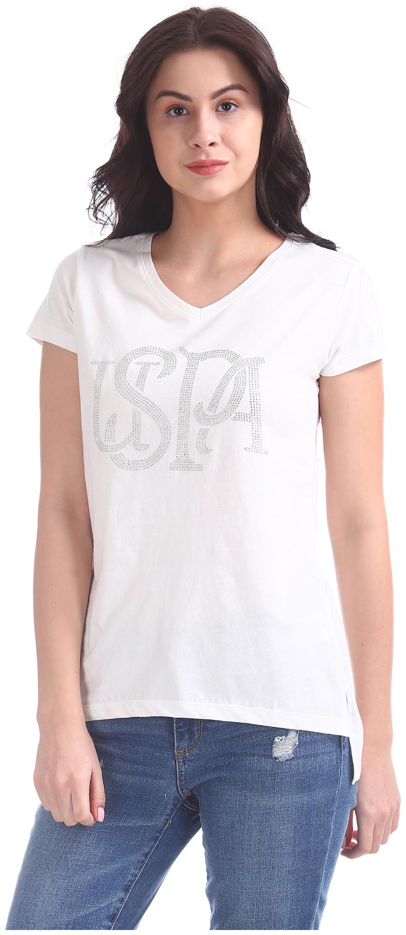 

U S Polo Assn Women White Regular fit V neck Cotton T shirt