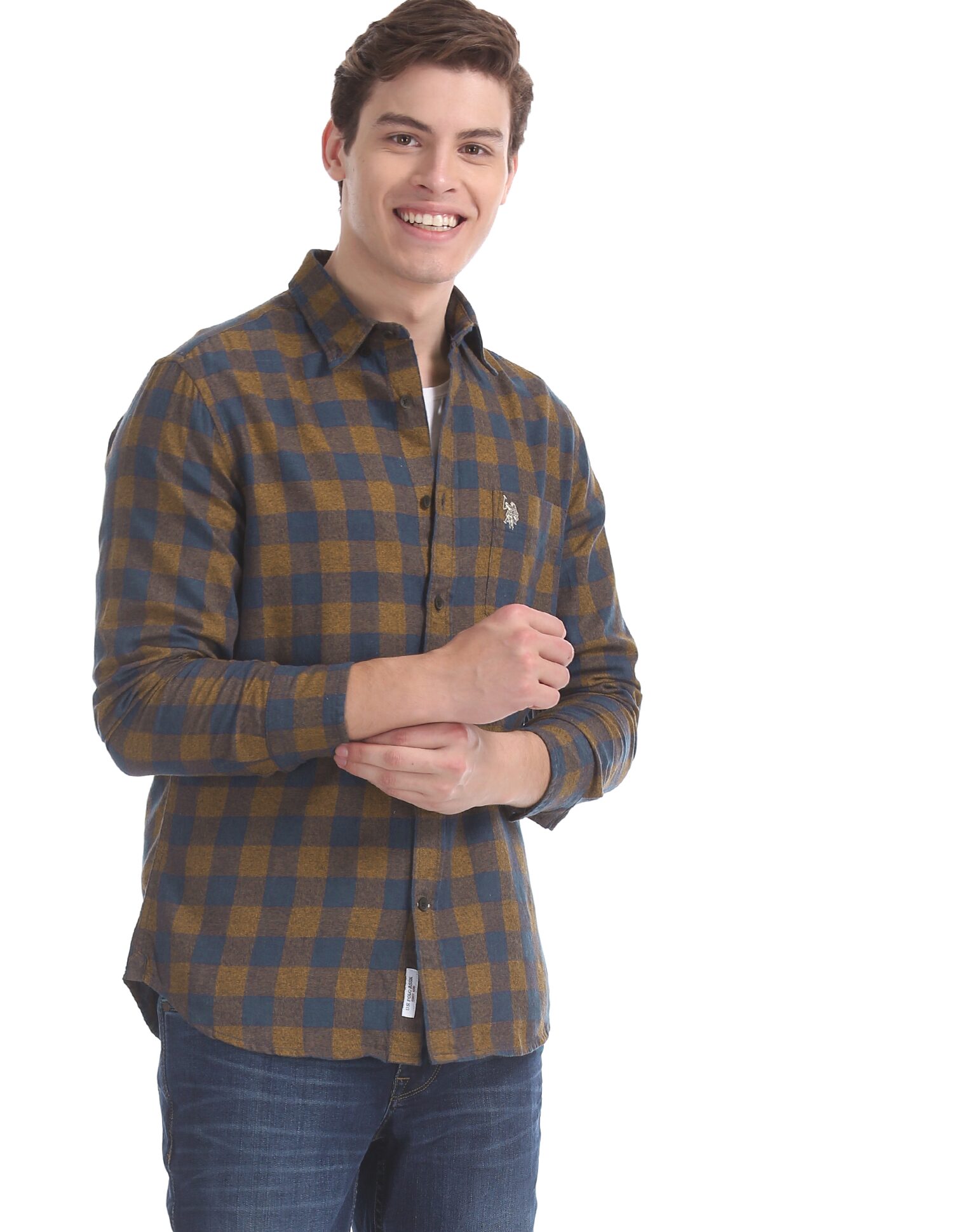 

U S Polo Assn Men Yellow Blue Checked Regular Fit Casual Shirt