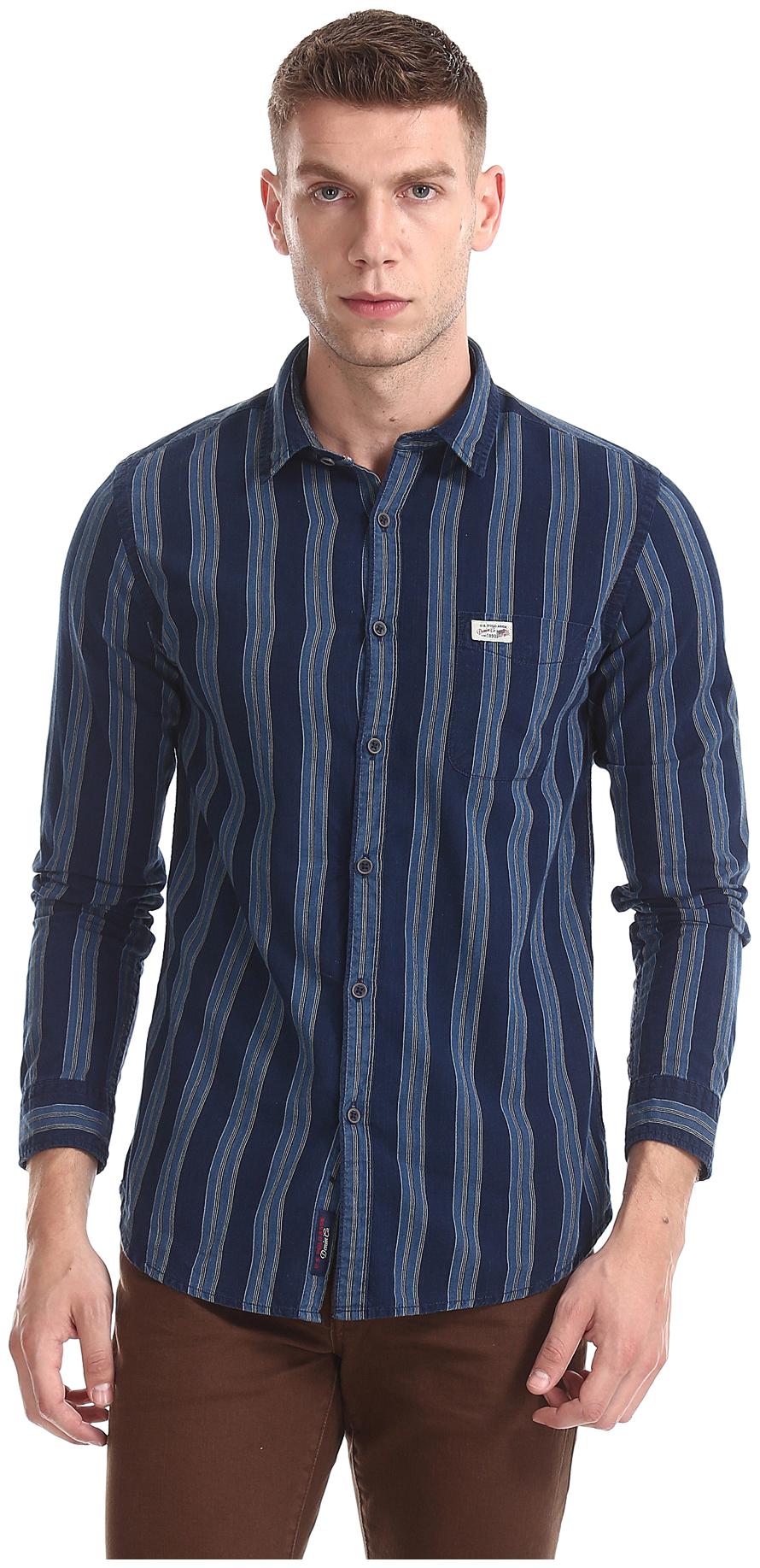 

U S Polo Assn Men Blue Vertical Stripes Slim Fit Casual Shirt