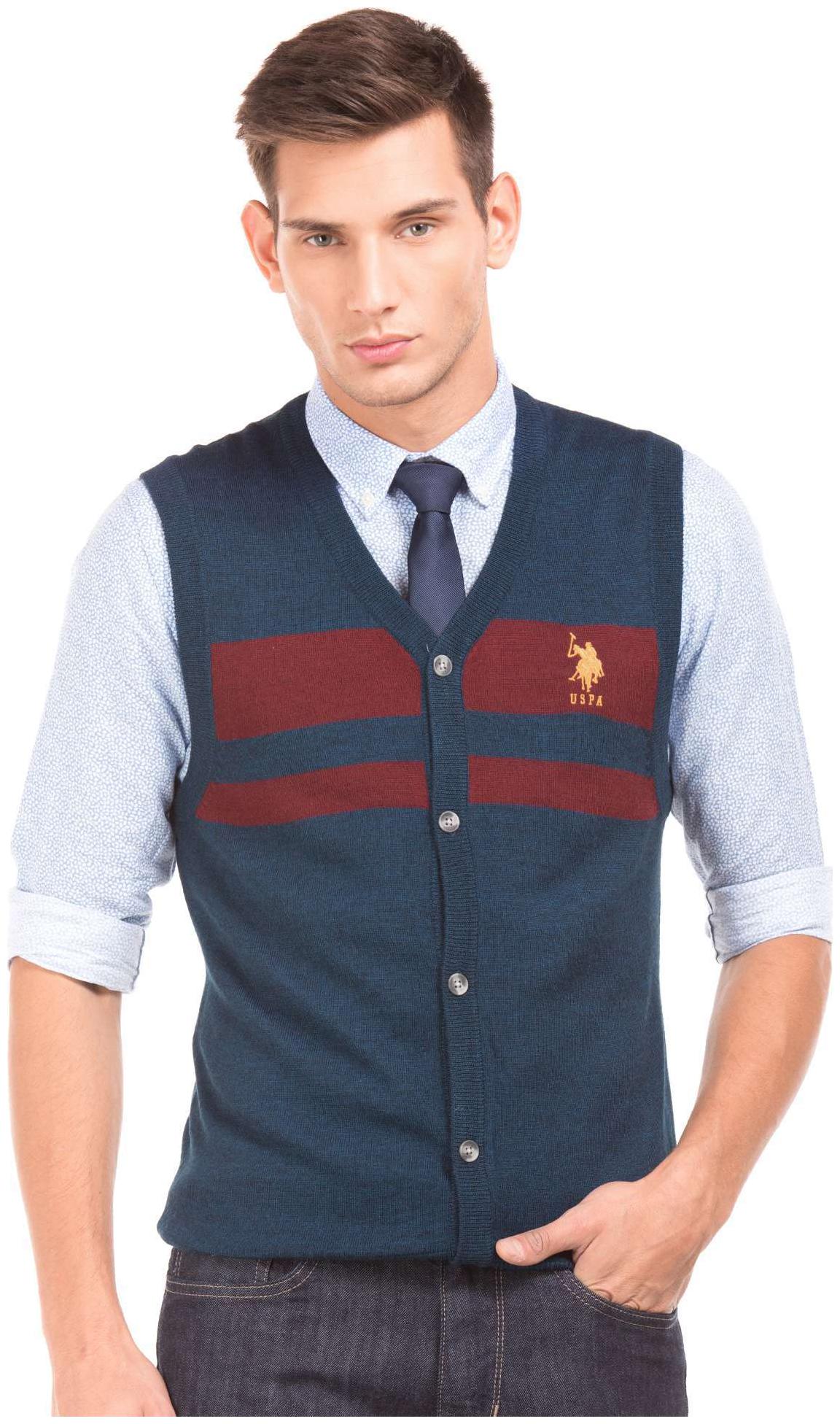 

U S Polo Assn Blue Wool Slim Fit Striped Cardigan Vest