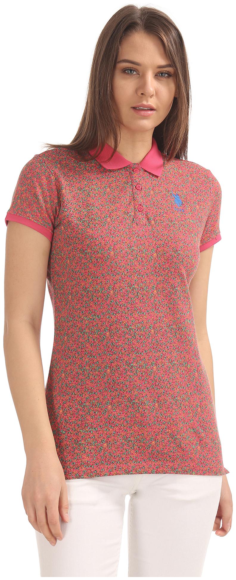 

U S Polo Assn Women Red Regular fit Polo neck Cotton T shirt