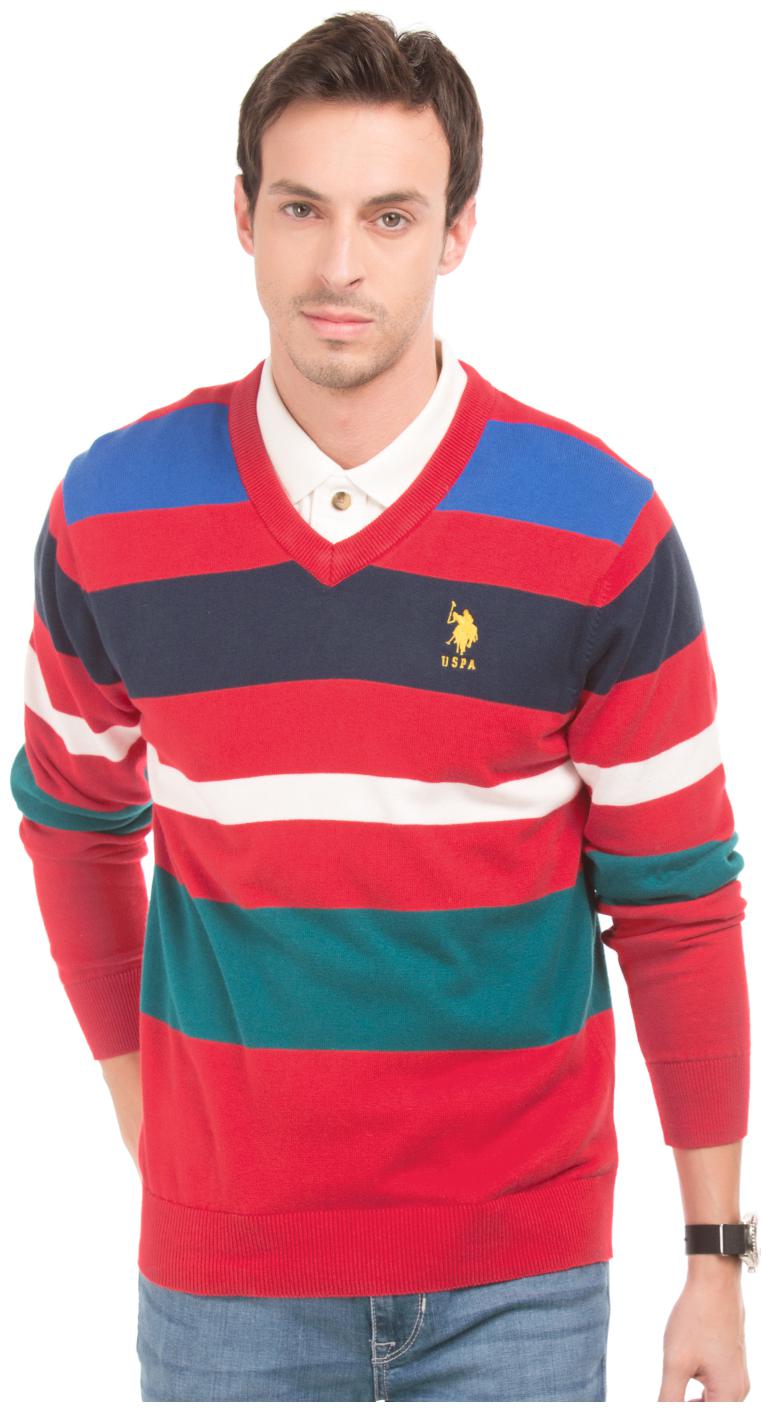 

U S Polo Assn Red Cotton Slim Fit Striped Sweater
