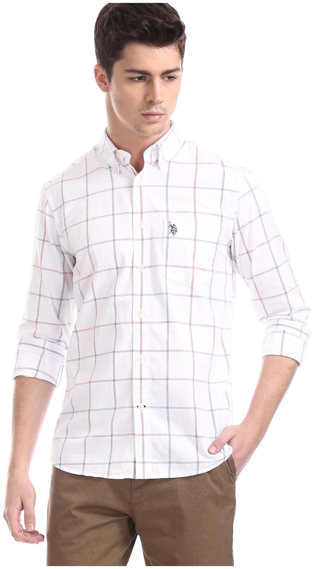 

U S Polo Assn Men White Checked Regular Fit Casual Shirt