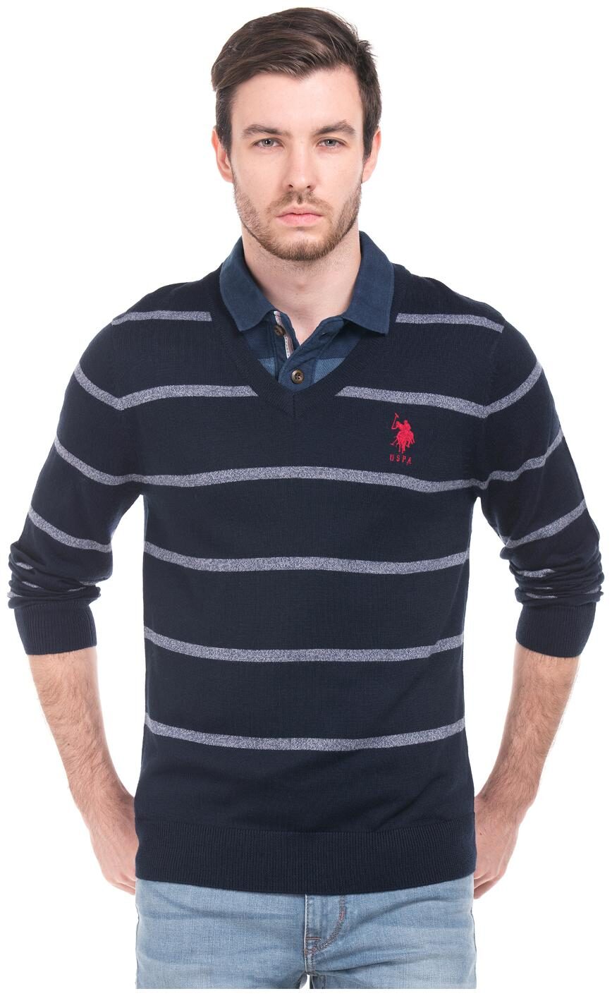 

U S Polo Assn Blue Wool Slim Fit Striped Sweater