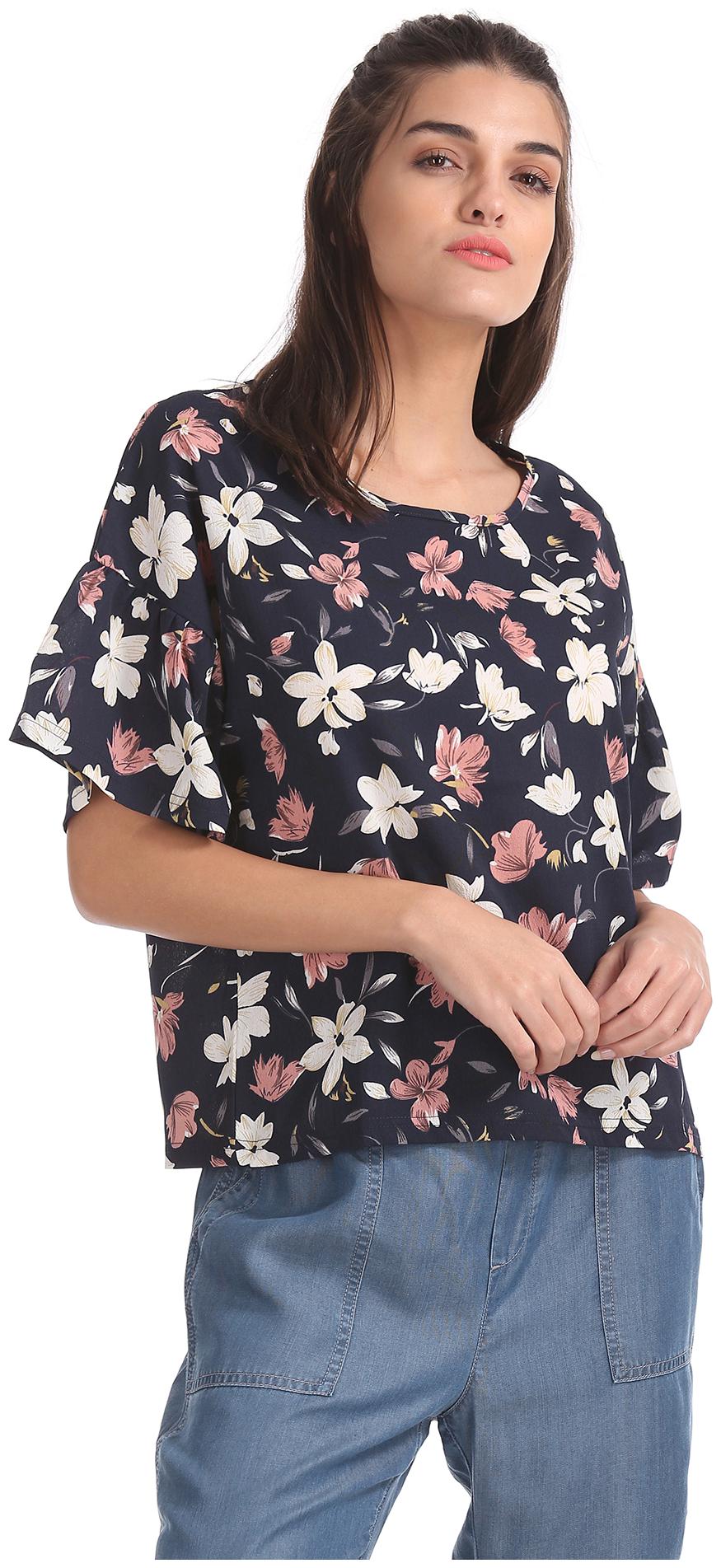 

U S Polo Assn Women Printed Boxy top - Blue