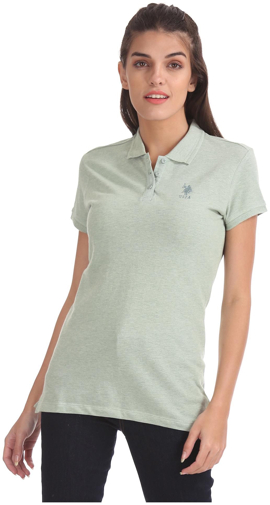 

U S Polo Assn Women Green Regular fit Polo neck Cotton T shirt