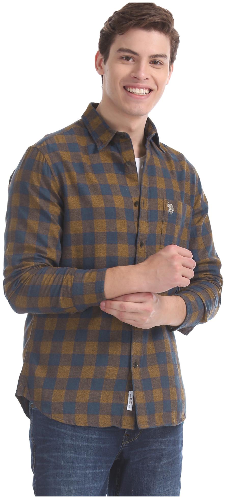 

U S Polo Assn Men Yellow Blue Checked Regular Fit Casual Shirt