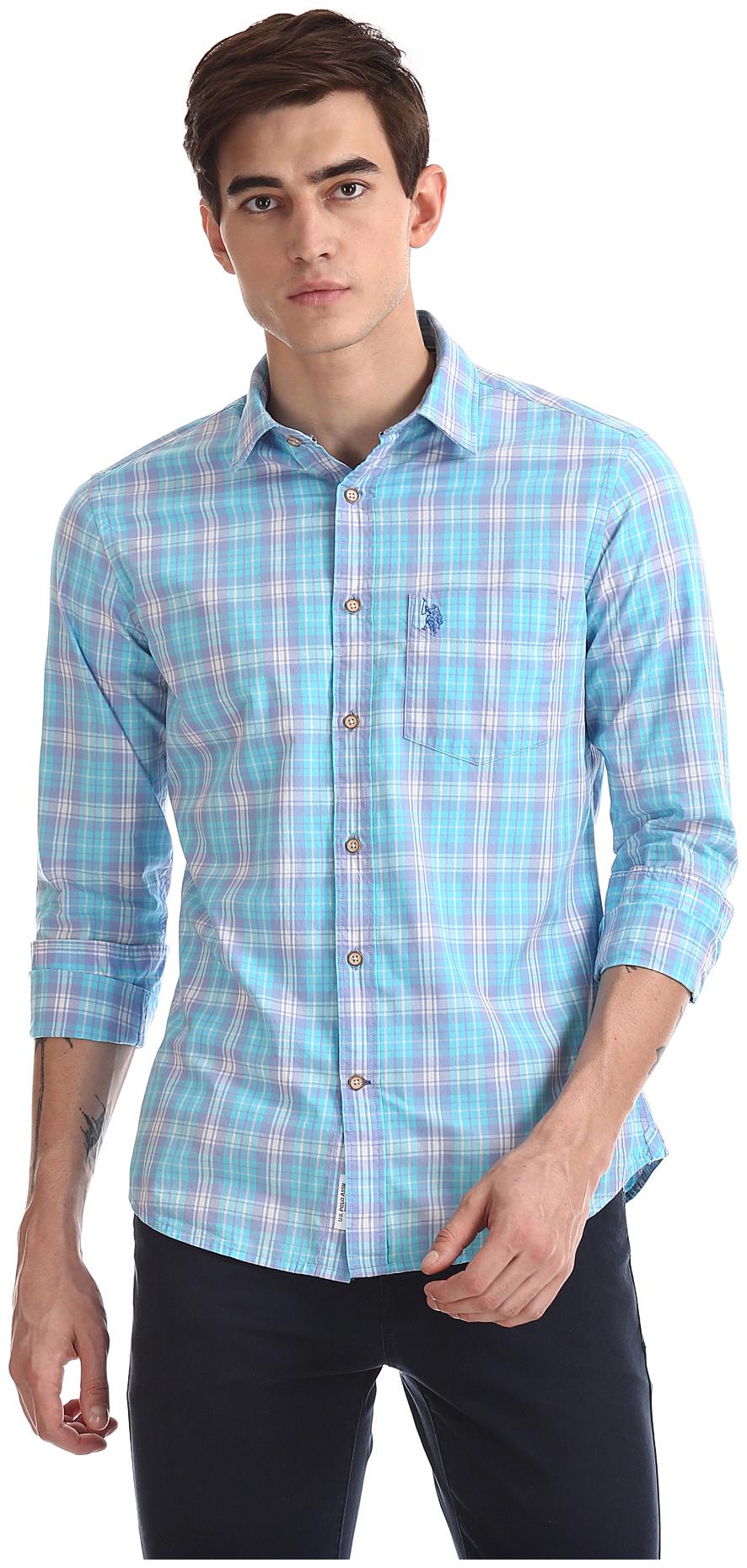 

U S Polo Assn Men Blue Checked Regular Fit Casual Shirt