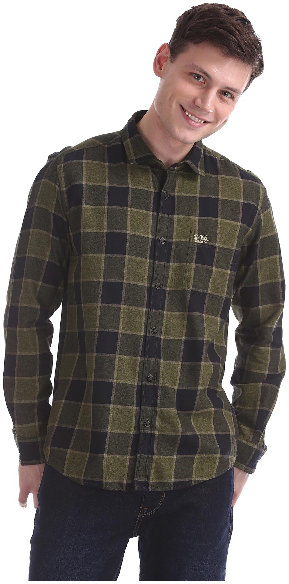 

U S Polo Assn Men Green Checked Slim Fit Casual Shirt