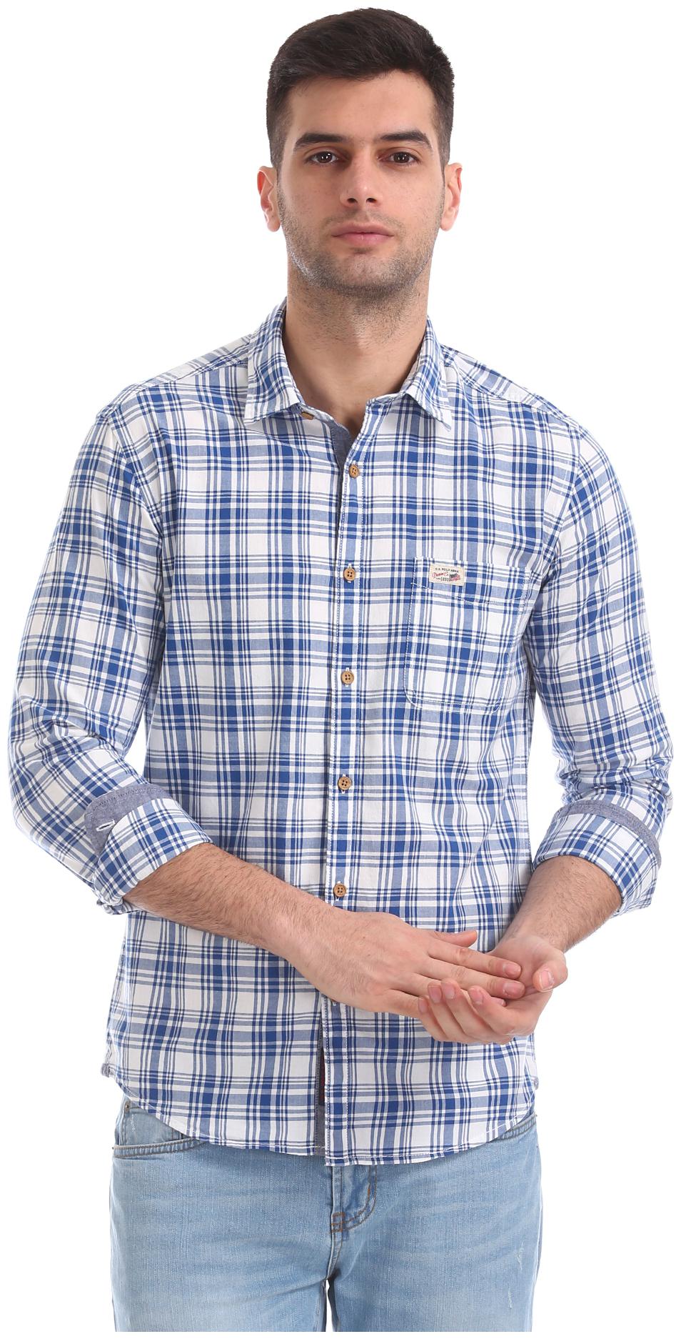 

U S Polo Assn Men Blue Checked Slim Fit Casual Shirt