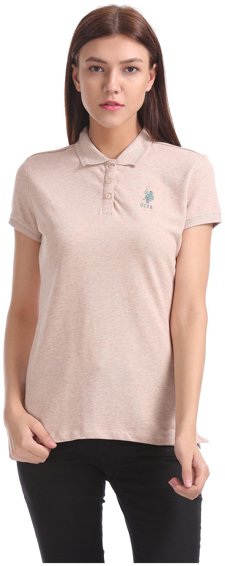 

U S Polo Assn Women Beige Regular fit Polo neck Cotton T shirt