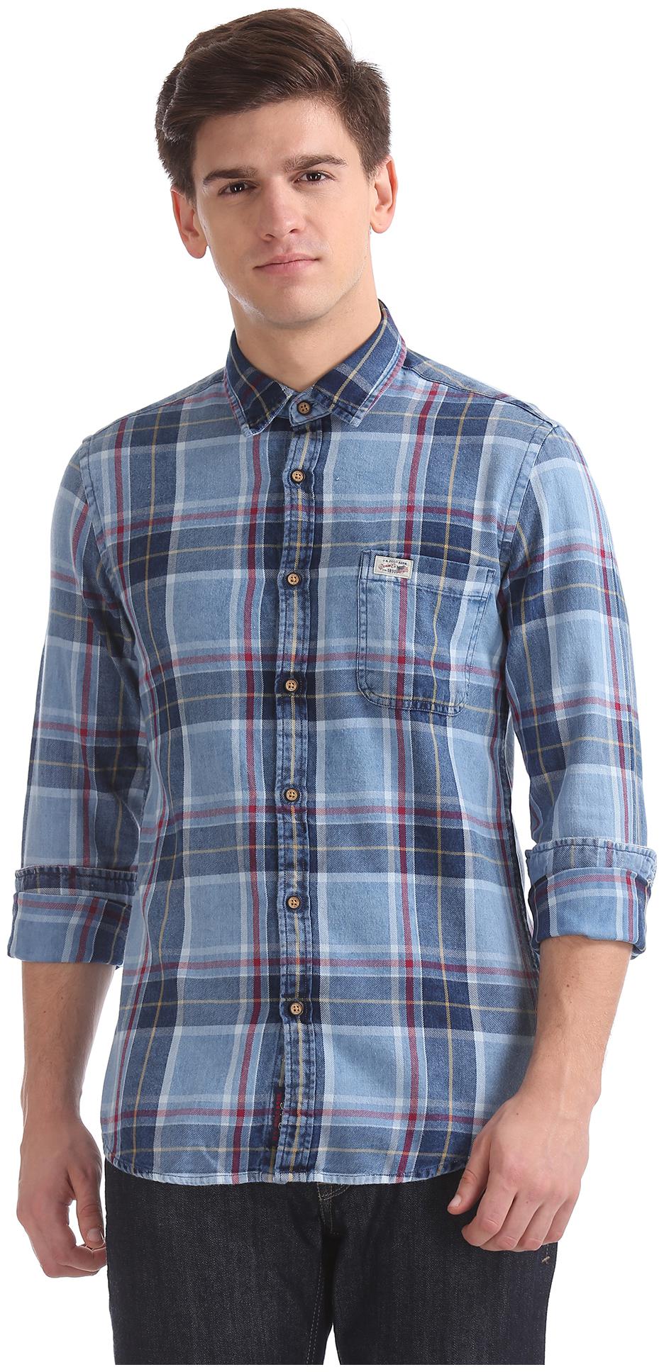 

U S Polo Assn Men Blue Checked Slim Fit Casual Shirt