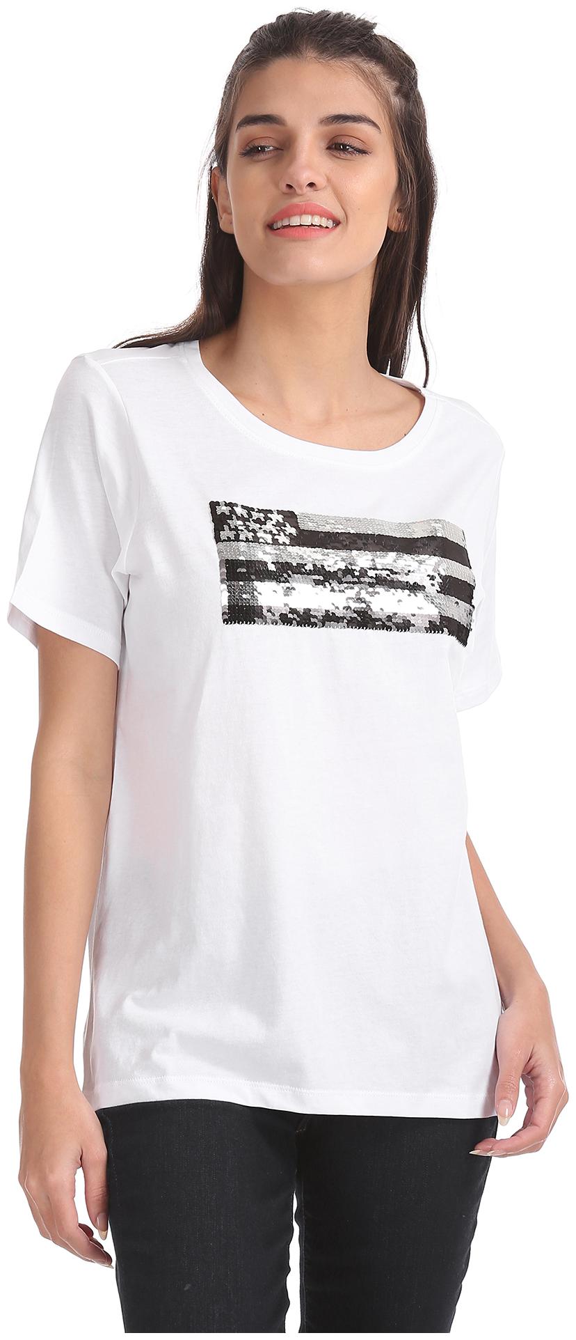 

U S Polo Assn Women White Regular fit Round neck Cotton T shirt