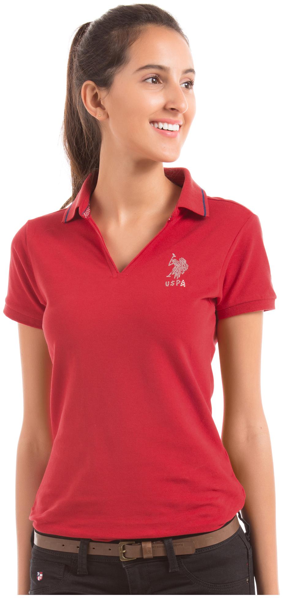 

U S Polo Assn Women Red Regular fit Polo neck Cotton T shirt