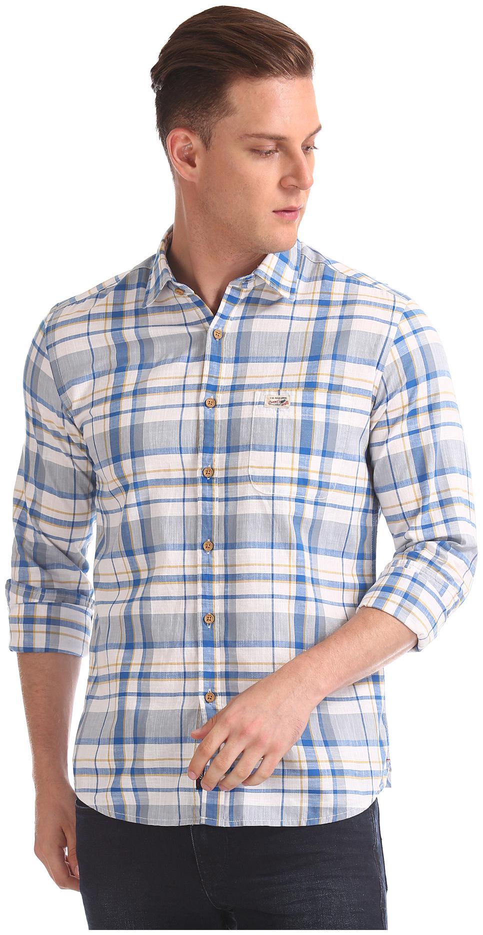 

U S Polo Assn Men White Checked Slim Fit Casual Shirt