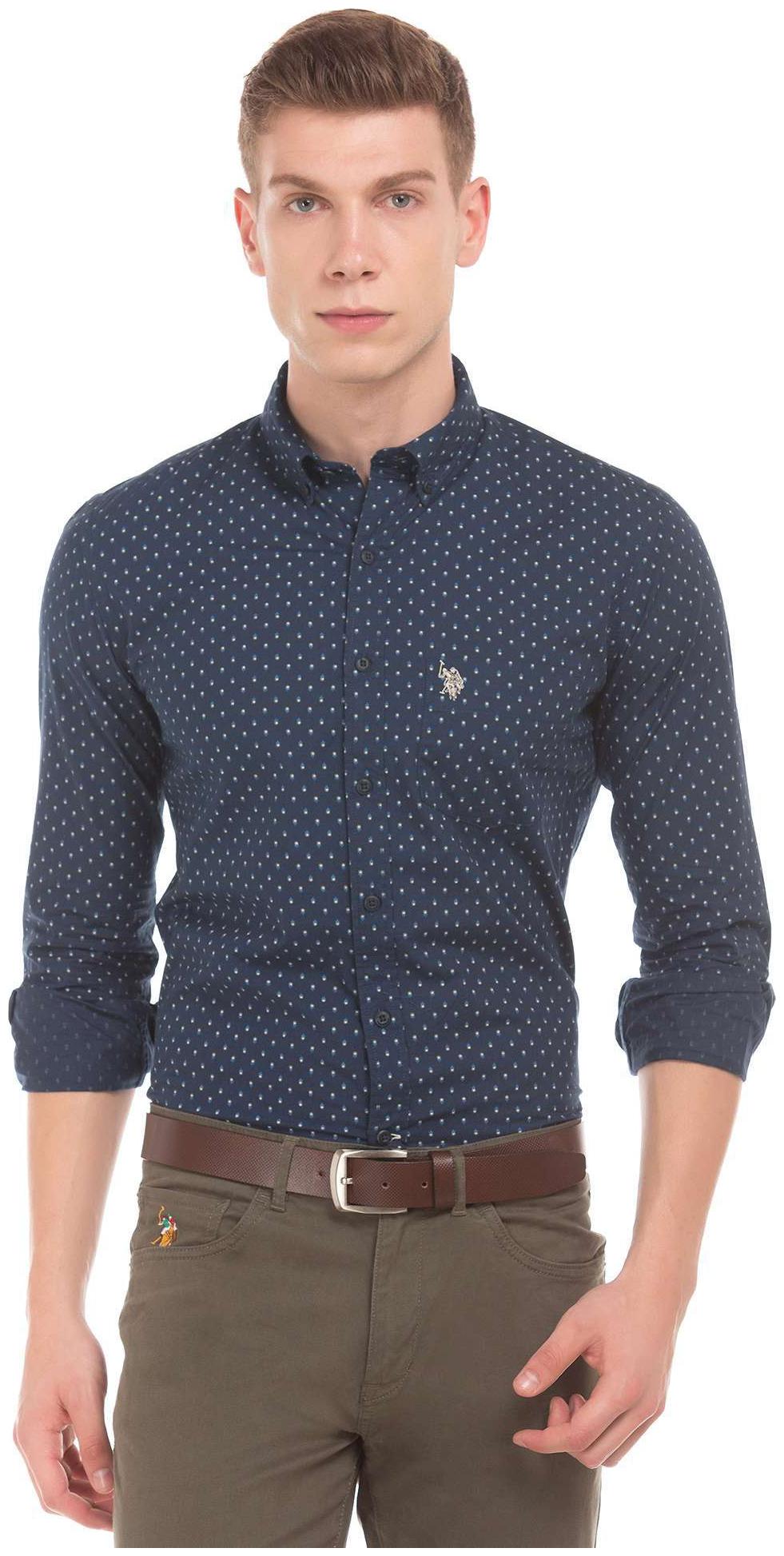 

U S Polo Assn Men Blue Polka Dots Regular Fit Casual Shirt