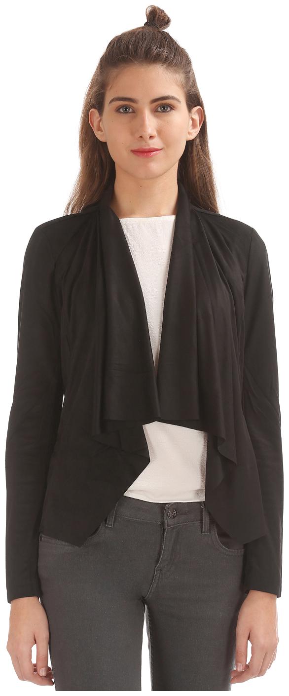 

U S Polo Assn Women Black Polyester Open Front Suedette Shrug