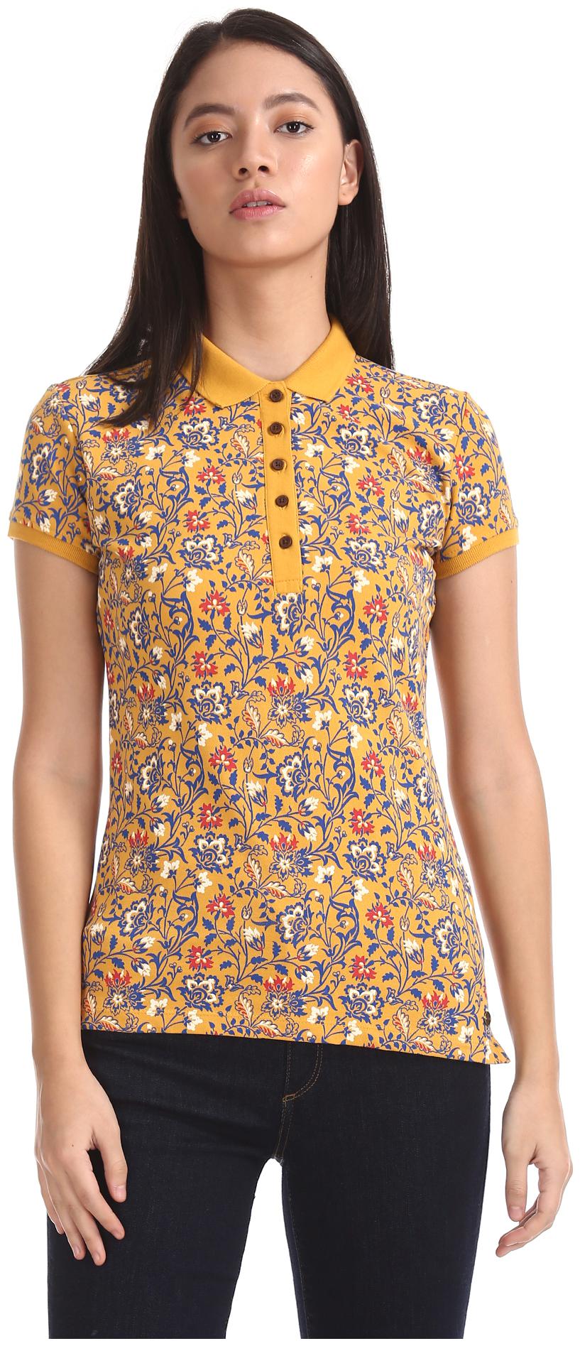 

U S Polo Assn Women Yellow Slim fit Polo neck Cotton T shirt