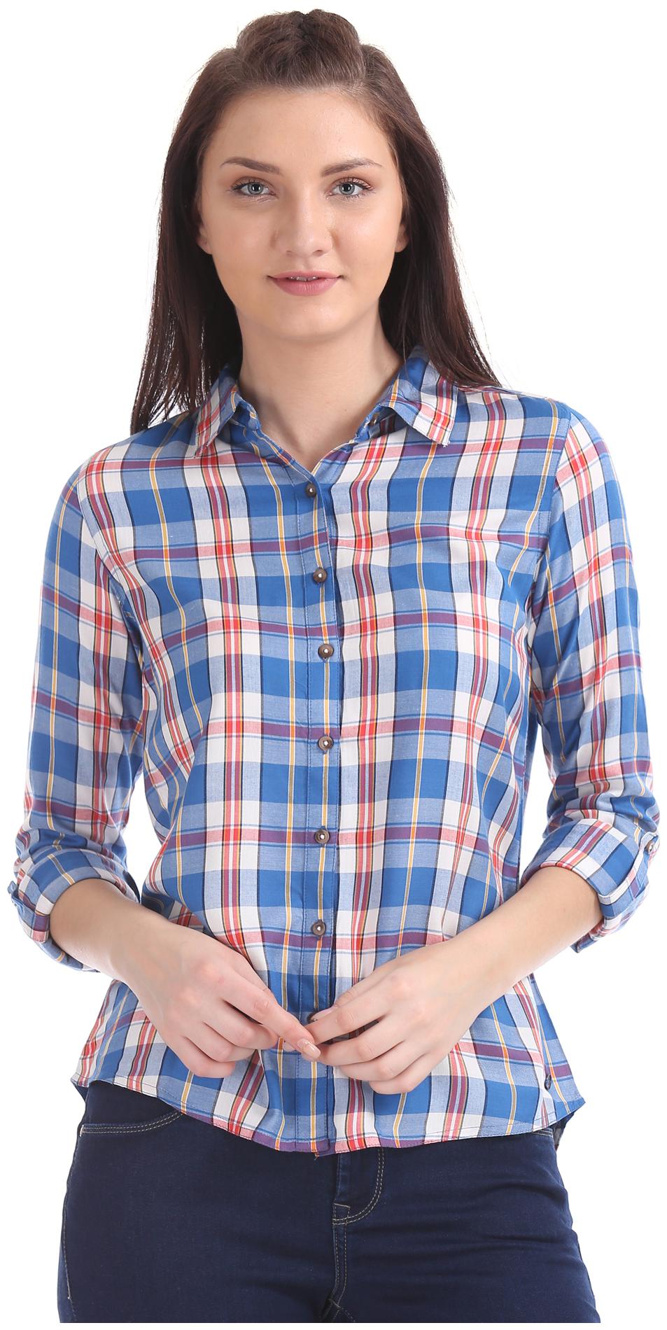 

U S Polo Assn Women Blue Checked Regular Fit Shirt