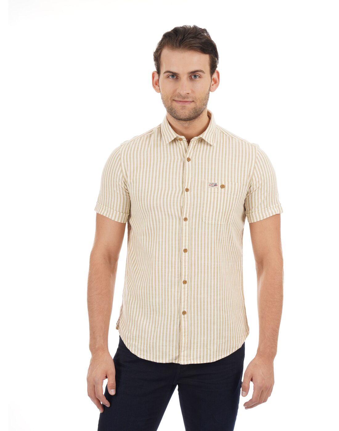 

U S Polo Assn Men Beige Vertical Stripes Regular Fit Casual Shirt