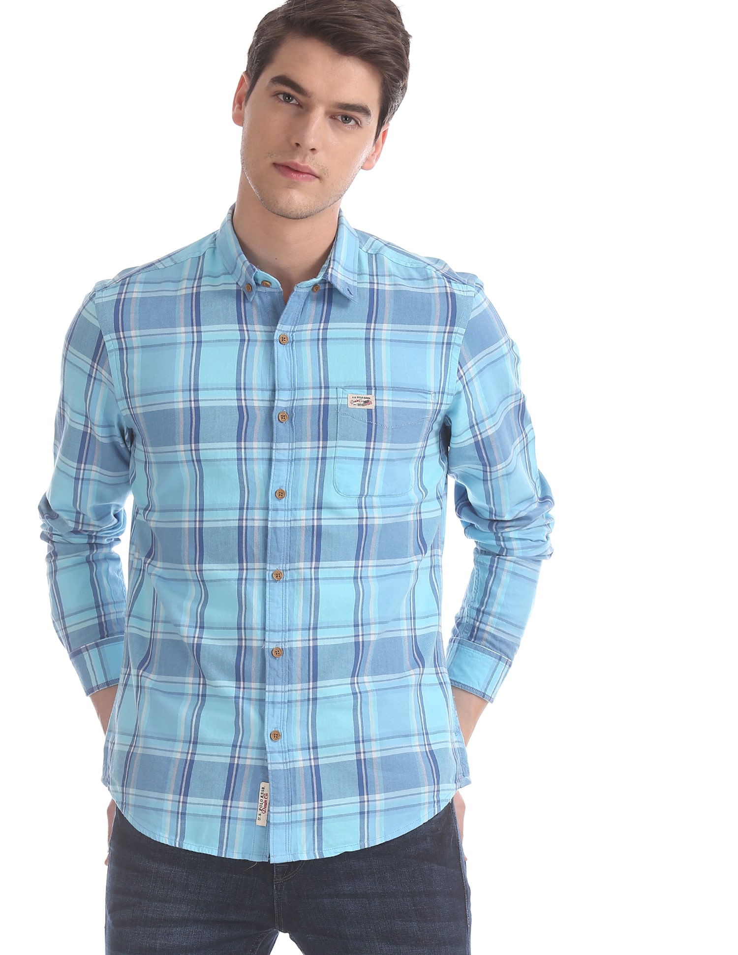 

U S Polo Assn Men Blue Checked Slim Fit Casual Shirt