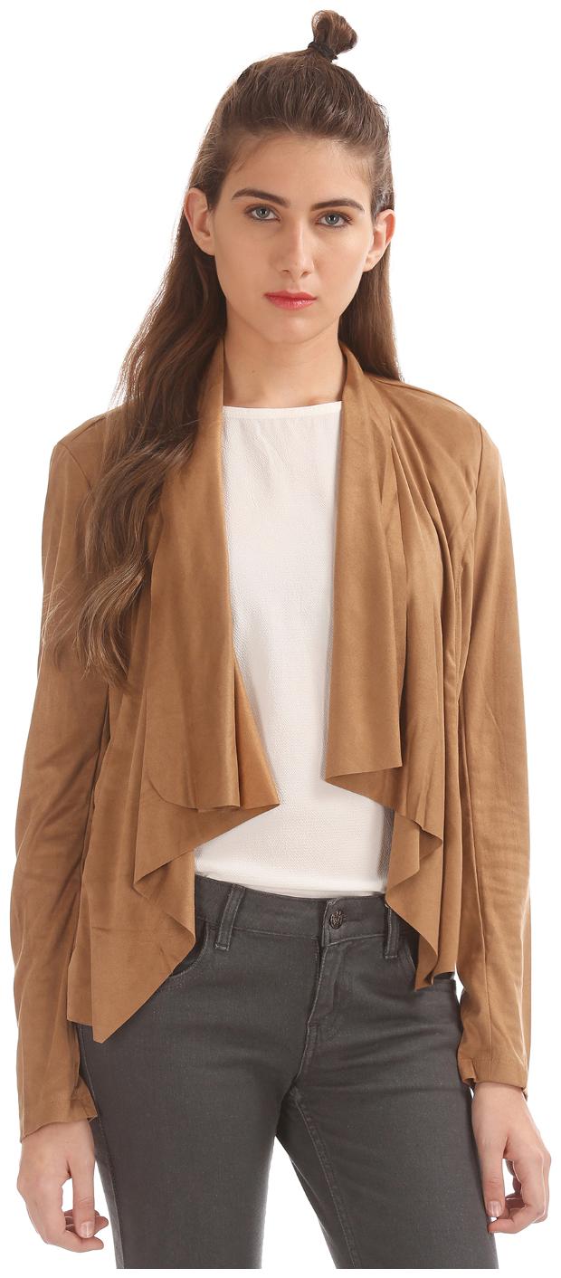 

U S Polo Assn Women Brown Polyester Open Front Suedette Shrug
