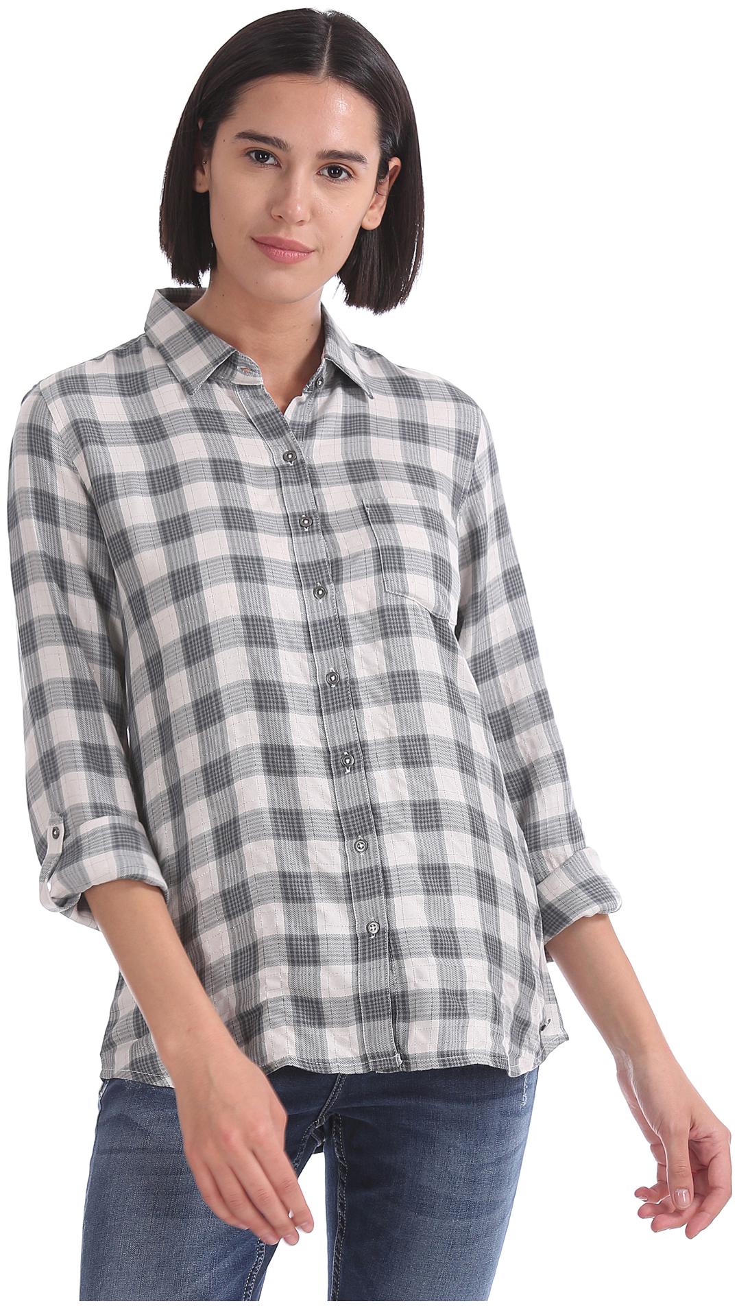 

U S Polo Assn Women Grey Checked Regular Fit Shirt