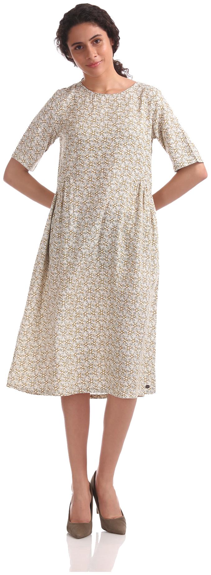 

U S Polo Assn Beige Printed Fit flare dress