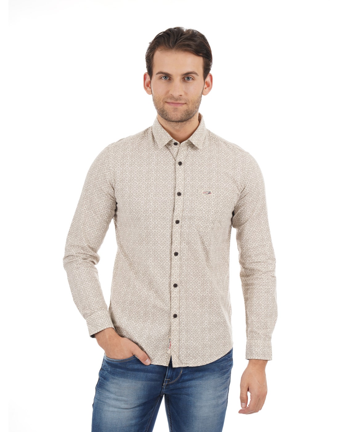 

U S Polo Assn Men Beige Printed Regular Fit Casual Shirt