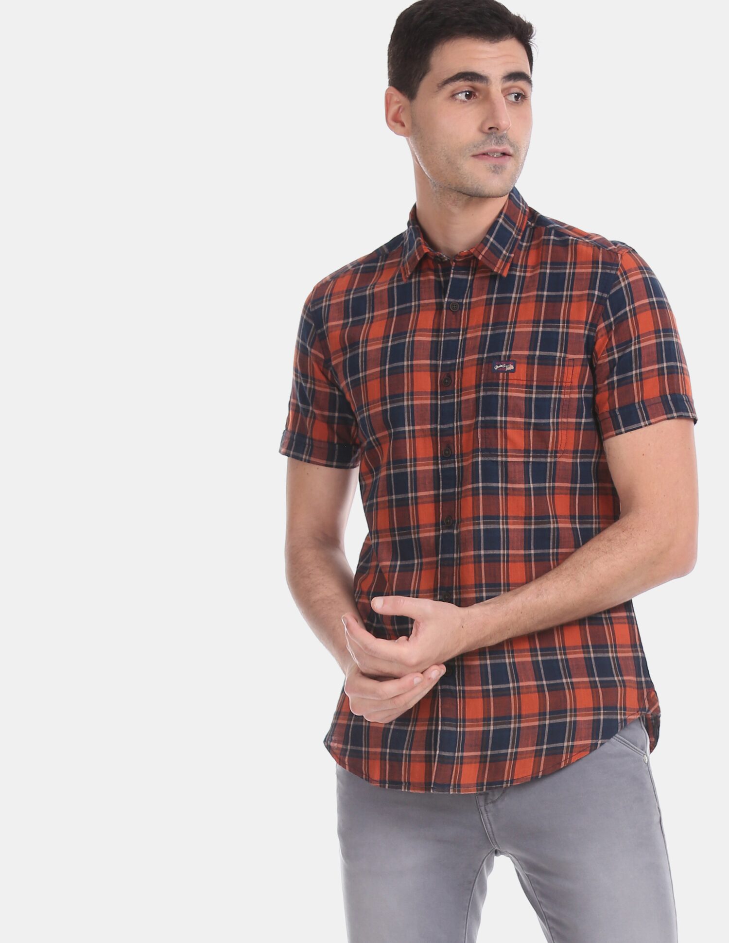 

U S Polo Assn Men Orange Blue Checked Slim Fit Casual Shirt